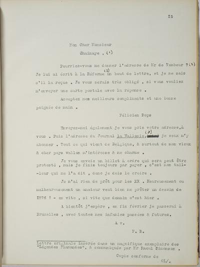 Copie non autographe de Félicien Rops à [Hector] Chainaye. s.l., 0000/00/00. Bruxelles, Musées Royaux des Beaux-Arts de Belgique, 8811/t5/p15