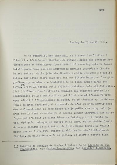 Copie non autographe réalisée par Lefebvre - Kunel de Félicien Rops à Inconnu. Paris, 1894/04/19. Bruxelles, Musées Royaux des Beaux-Arts de Belgique, 8811/t5/p329, 8811/t5/p330 et 8811/t5/p331