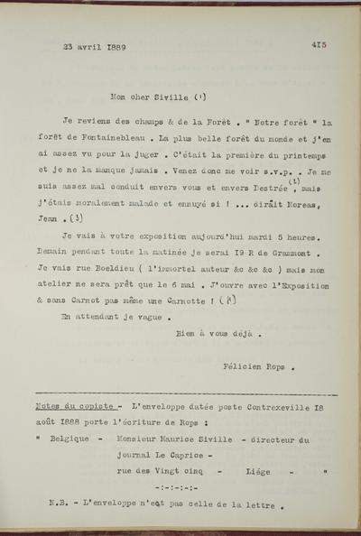 Copie non autographe réalisée par Lefebvre - Kunel de Félicien Rops à [Maurice] Siville. s.l., 1889/04/23. Bruxelles, Musées Royaux des Beaux-Arts de Belgique, 8811/t5/p415