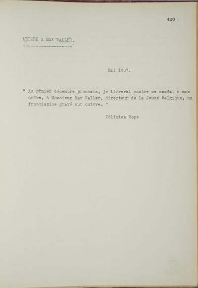 Copie non autographe réalisée par Lefebvre - Kunel de Félicien Rops à Max [Maurice] Waller [Warlomont]. s.l., 1887/05/00. Bruxelles, Musées Royaux des Beaux-Arts de Belgique, 8811/t5/p420
