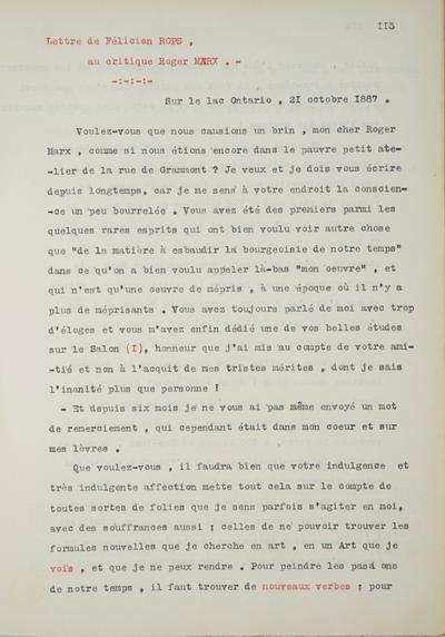 Copie non autographe réalisée par Lefebvre - Kunel de Félicien Rops à Roger Marx. s.l., 1887/10/21. Bruxelles, Musées Royaux des Beaux-Arts de Belgique, 8812/t6/p113, 8812/t6/p114 et 8812/t6/p115