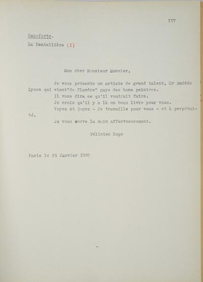 Copie non autographe réalisée par Lefebvre - Kunel de Félicien Rops à [Henri] Monnier. s.l., 1885/01/25. Bruxelles, Musées Royaux des Beaux-Arts de Belgique, 8812/t6/p117