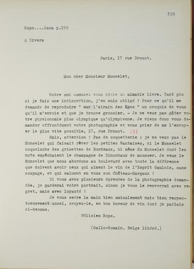 Copie non autographe réalisée par Lefebvre - Kunel de Félicien Rops à [Charles] Monselet. Paris, 1885/01/25. Bruxelles, Musées Royaux des Beaux-Arts de Belgique, 8812/t6/p120