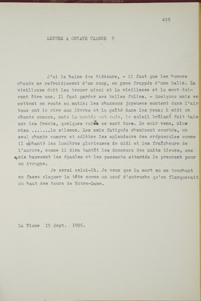 Copie non autographe réalisée par Lefebvre - Kunel de Félicien Rops à [Octave?] [Uzanne?]. s.l., 0000/00/00. Bruxelles, Musées Royaux des Beaux-Arts de Belgique, 8812/t6/p435