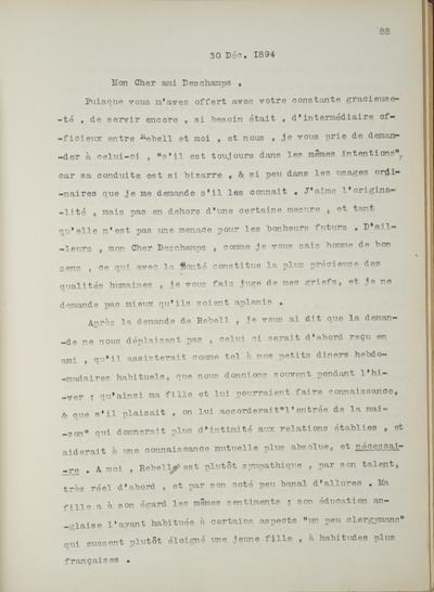 Copie non autographe réalisée par Lefebvre - Kunel de Félicien Rops à [Léon] Deschamps. s.l., 1894/12/30. Bruxelles, Musées Royaux des Beaux-Arts de Belgique, 8812/t6/p88, 8812/t6/p89, 8812/t6/p90 et 8812/t6/p91
