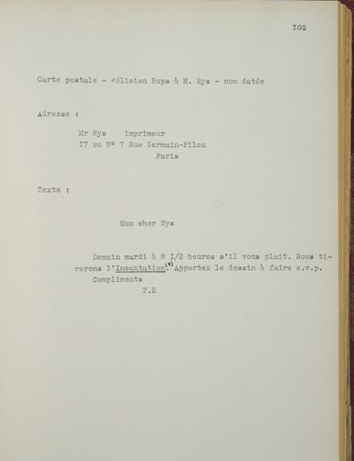 Copie non autographe réalisée par Lefebvre - Kunel de Félicien Rops à [François] Nys. s.l., 0000/00/00. Bruxelles, Musées Royaux des Beaux-Arts de Belgique, 8813/t7/p105