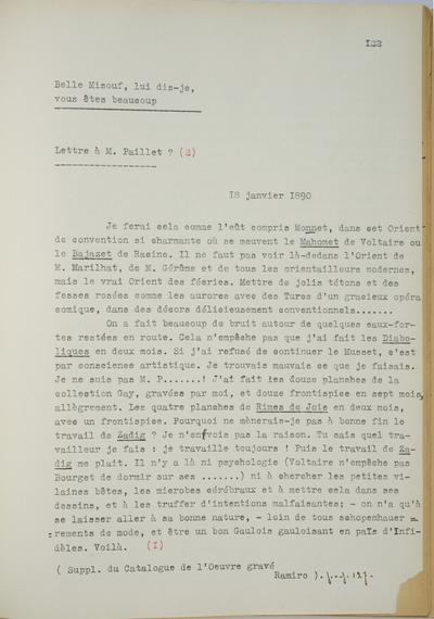 Copie non autographe réalisée par Lefebvre - Kunel de Félicien Rops à [Eugène] [Paillet]. s.l., 1890/01/18. Bruxelles, musées Royaux des Beaux-Arts de Belgique, 8813/t7/p122