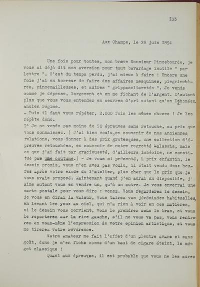 Copie non autographe réalisée par Lefebvre - Kunel de Félicien Rops à [René] Pincebourde. s.l., 1894/06/28. Bruxelles, Musées Royaux des Beaux-Arts de Belgique, 8813/t7/p133 et 8813/t7/p134