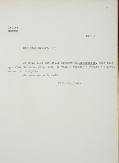 Copie non autographe réalisée par Lefebvre - Kunel de Félicien Rops à [Edmond] Bailly. s.l., 1890/00/00. Bruxelles, Musées Royaux des Beaux-Arts de Belgique, 8813/t7/p2