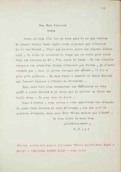 Copie non autographe réalisée par Lefebvre - Kunel de Félicien Rops à [Léon] Dewez [Dewèse]. [Paris], 1884/04/00. Bruxelles, Musées Royaux des Beaux-Arts de Belgique, 8813/t7/p64