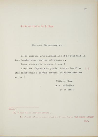 Copie non autographe réalisée par Lefebvre - Kunel de Félicien Rops à [Henry] Kistemaeckers. Paris, 0000/04/15. Bruxelles, Musées Royaux des Beaux-Arts de Belgique, 8813/t7/p67