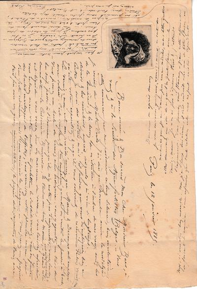 Lettre de Félicien Rops à [Edgar] Baes. Paris, 1885/01/12. Province de Namur, musée Félicien Rops, Amis/LE/030