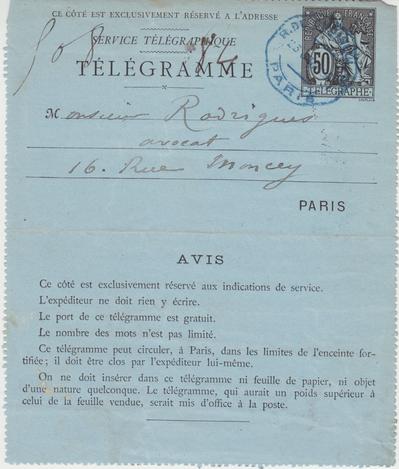 Télégramme de Félicien Rops à [Eugène] Rodrigues. [Paris], 1886/06/23. Province de Namur, musée Félicien Rops, Amis/RAM/26