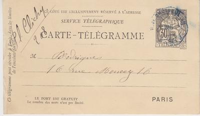 Carte-Télégramme non autographe de Félicien Rops à [Eugène] Rodrigues. [Paris], 1885/08/07. Province de Namur, musée Félicien Rops, Amis/RAM/27