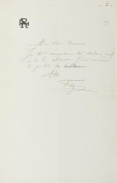 Lettre de Félicien Rops à Inconnu. s.l., 0000/00/00. Province de Namur, musée Félicien Rops, APC/27194/58
