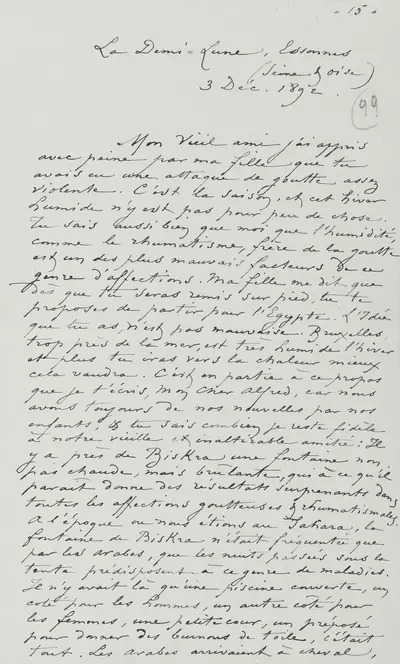 Lettre de Félicien Rops à Alfred [Verwée]. Corbeil-Essonnes, 1892/12/03. Province de Namur, musée Félicien Rops, APC/27194/65