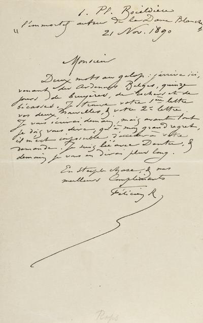 Lettre de Félicien Rops à Inconnu. Paris, 1890/11/21. Province de Namur, musée Félicien Rops, APC/27194/81