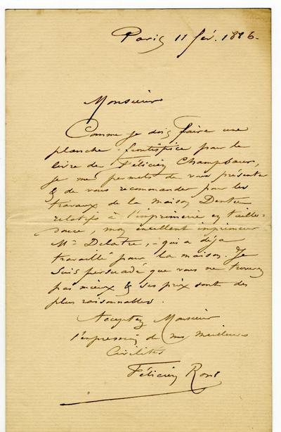 Lettre de Félicien Rops à Dentu?. Paris, 1886/02/11. Morlanwelz, Musée royal de Mariemont, Aut/1184c