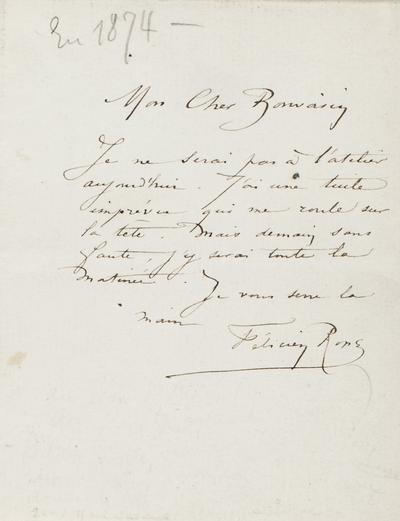Lettre de Félicien Rops à [Maurice] Bonvoisin. s.l., 1874/00/00. Province de Namur, musée Félicien Rops, Bon/LE/1