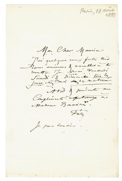 Lettre de Félicien Rops à Maurice [Bonvoisin]. [Paris], 1881/08/18. Collection privée, Bon/LE/149