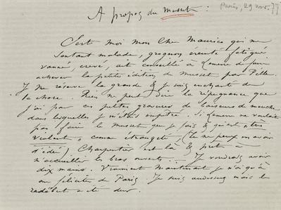 Lettre de Félicien Rops à [Maurice] [Bonvoisin]. [Paris], 1877/11/29. Province de Namur, musée Félicien Rops, Bon/LE/39