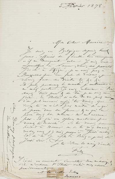 Lettre de Félicien Rops à Maurice [Bonvoisin]. s.l., 1878/02/05. Province de Namur, musée Félicien Rops, Bon/LE/47
