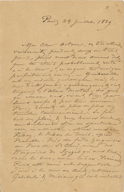 Lettre de Félicien Rops à [Octave] [Uzanne]. Paris, 1889/07/24. Collection privée, CPEL/10