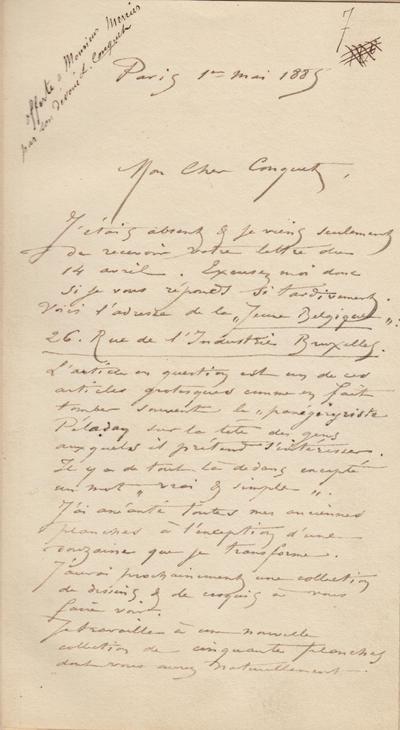 Lettre de Félicien Rops à [Léon] Conquet. Paris, 1885/05/01. Collection privée, CPF/2