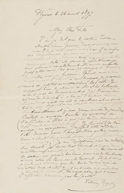 Lettre de Félicien Rops à Paul Rops. Hyères, 1897/03/26. Province de Namur, musée Félicien Rops, FFR/LE/1