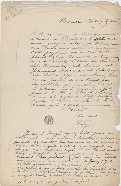 Lettre de Félicien Rops à [Léon?] [Dommartin?]. [Mettet], 1878/08/23. Bruxelles, Bibliothèque royale de Belgique, II/6655/468/106