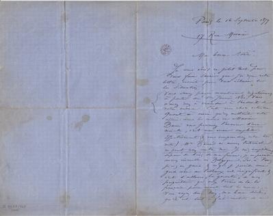 Lettre de Félicien Rops à Adèle Inconnue. Paris, 1879/09/16. Bruxelles, Bibliothèque royale de Belgique, II/6655/468/117