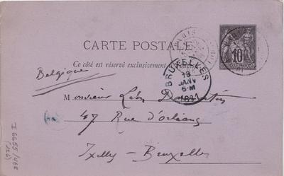 Carte postale de Félicien Rops à Léon Dommartin. [Paris], 1881/01/12. Bruxelles, Bibliothèque royale de Belgique, II/6655/468/126