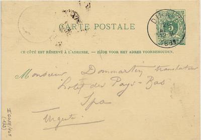 Carte postale de Félicien Rops à Léon Dommartin. [Dinant], 1881/08/28. Bruxelles, Bibliothèque royale de Belgique, II/6655/468/132