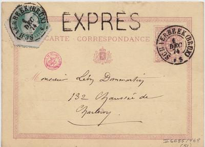Carte postale de Félicien Rops à Léon Dommartin. [Bruxelles], 1874/12/01. Bruxelles, Bibliothèque royale de Belgique, II/6655/468/51