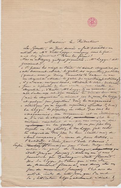 Lettre de Félicien Rops à Inconnu. s.l., 0000/00/00. Bruxelles, Bibliothèque royale de Belgique, II/6655/469/43