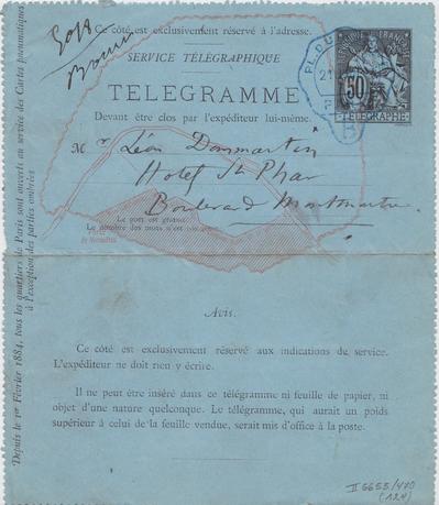 Télégramme de Félicien Rops à Léon Dommartin. [Paris], 1884/06/21. Bruxelles, Bibliothèque royale de Belgique, II/6655/470/124