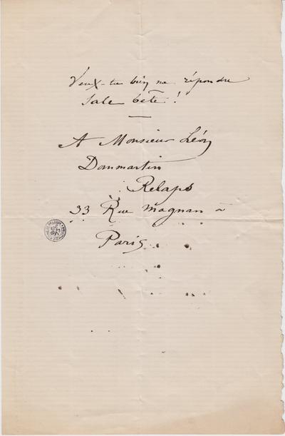 Lettre de Félicien Rops à Léon Dommartin. s.l., 0000/00/00. Bruxelles, Bibliothèque royale de Belgique, II/6655/470/15