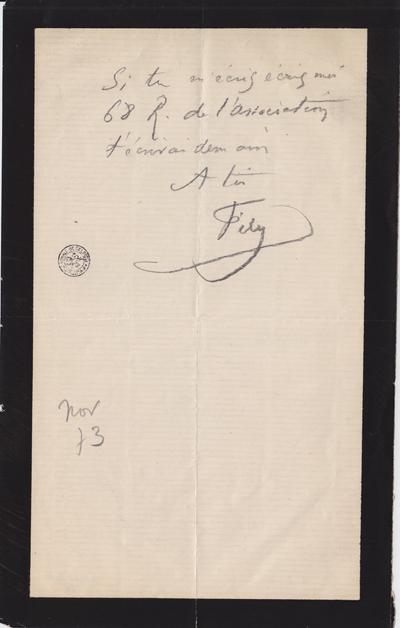 Lettre de Félicien Rops à [Léon ?] [Dommartin ?]. s.l., 1873/11/00. Bruxelles, Bibliothèque royale de Belgique, II/6655/470/28