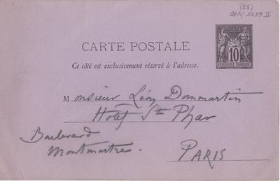 Carte postale de Félicien Rops à Léon Dommartin. [Paris], 0000/00/00. Bruxelles, Bibliothèque royale de Belgique, II/6655/470/37