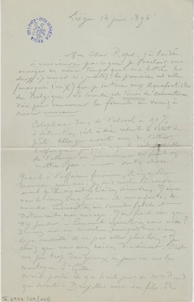 Lettre de Félicien Rops à [Armand] [Rassenfosse]. Liège [s.l.], 1894/06/14. Bruxelles, Bibliothèque royale de Belgique, II/6957/19/148