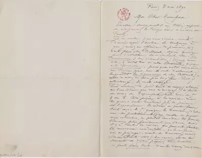 Lettre de Félicien Rops à [Armand] Rassenfosse. Paris, 1891/05/08. Bruxelles, Bibliothèque royale de Belgique, II/6957/19/68