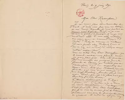 Lettre de Félicien Rops à [Armand] Rassenfosse. Paris, 1891/06/09. Bruxelles, Bibliothèque royale de Belgique, II/6957/19/70