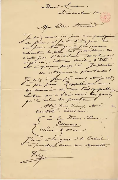 Lettre de Félicien Rops à Armand [Gouzien]. Corbeil-Essonnes, 0000/00/10. Bruxelles, Bibliothèque royale de Belgique, II/6958/16