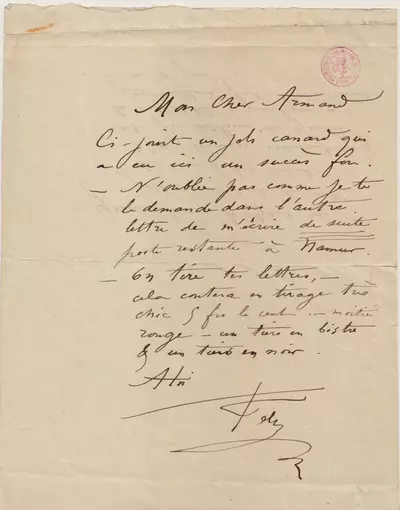 Lettre de Félicien Rops à Armand [Gouzien]. s.l., 0000/00/00. Bruxelles, Bibliothèque royale de Belgique, II/6958/22