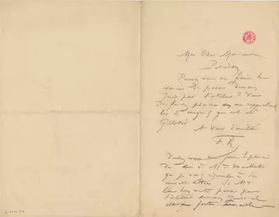 Lettre de Félicien Rops à [Joséphin] Péladan. [Paris], 1884/04/16. Bruxelles, Bibliothèque royale de Belgique, II/7043/16