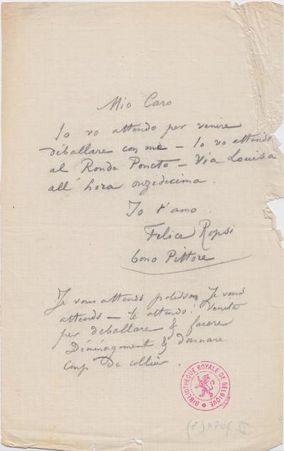 Lettre de Félicien Rops à Inconnu. [Bruxelles], 1872/00/00. Bruxelles, Bibliothèque royale de Belgique, II/7051/3