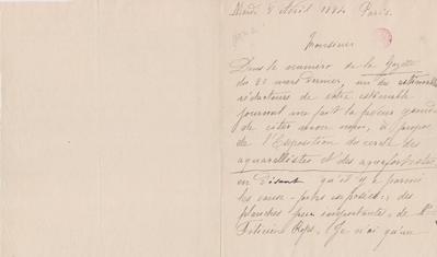 Lettre non autographe de Félicien Rops à Homme inconnu. Paris, 1884/04/08. Bruxelles, Bibliothèque royale de Belgique, III/215/10/38