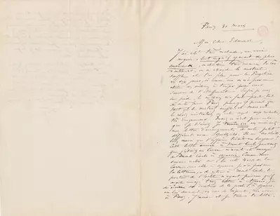 Lettre de Félicien Rops à Edmond [Lambrichs]. Paris, 1876/03/31. Bruxelles, Bibliothèque royale de Belgique, III/215/11/15