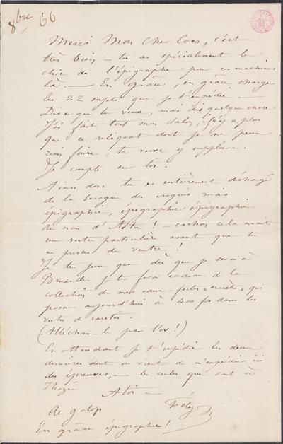 Lettre de Félicien Rops à [Victor] Coco [Hallaux]. [Mettet], 1866/10/00. Bruxelles, Bibliothèque royale de Belgique, III/215/11/33