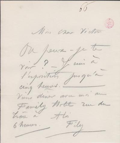 Lettre de Félicien Rops à Victor [Hallaux]. [Bruxelles], 1866/08/00. Bruxelles, Bibliothèque royale de Belgique, III/215/11/41